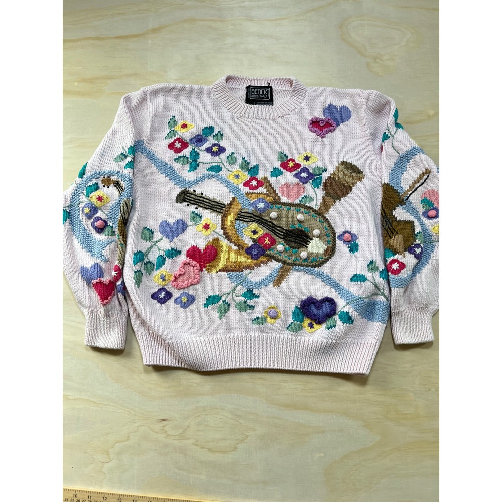 Berek Hand Knit Pink Cotton Sweater Musical Instruments Floral Hearts Size M